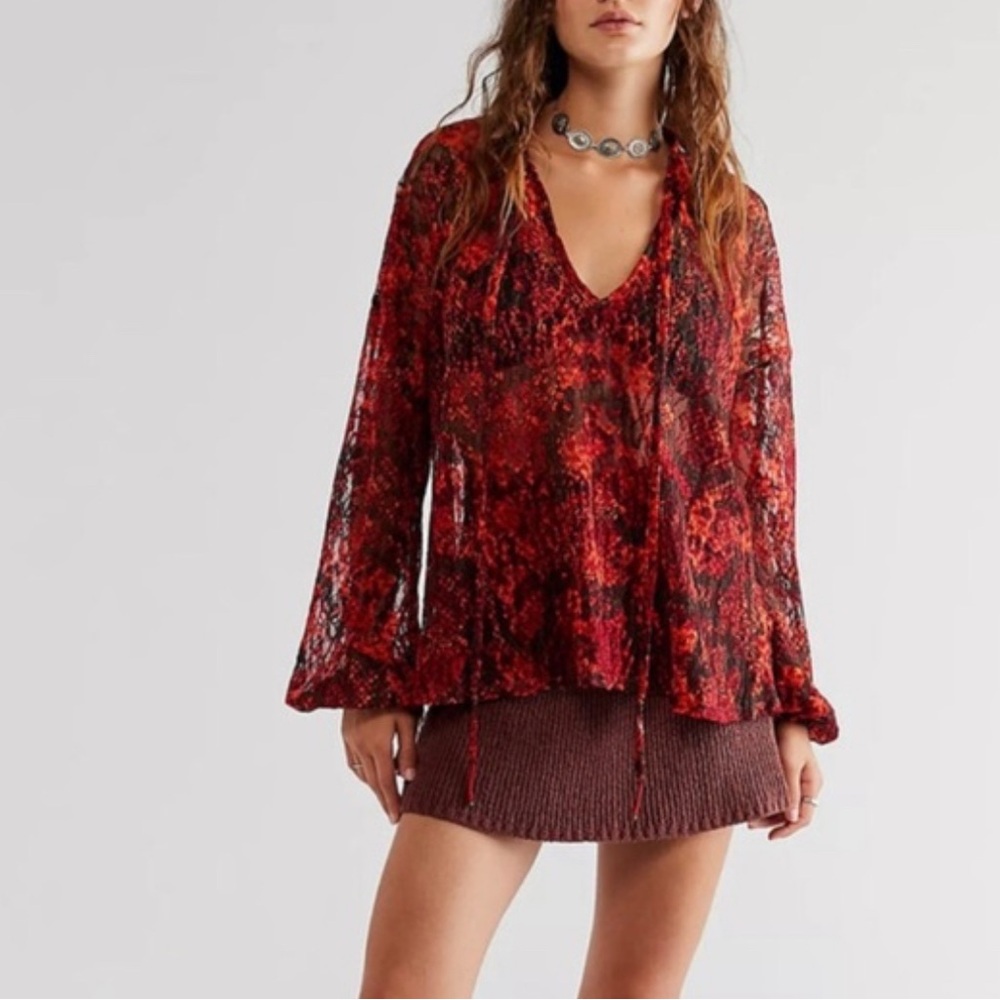 FREE PEOPLE Medium Out For The Night vibrant ruby red lace top NWOT - Picture 1 of 5
